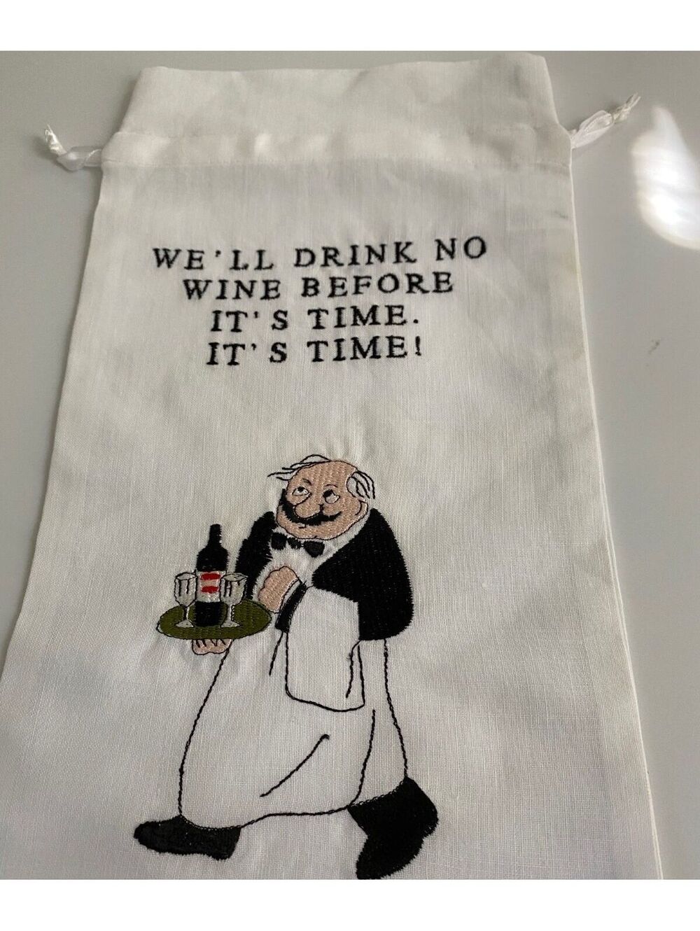 Wine Themed Cotton wine gift Bag with Embroidered Waiter Design